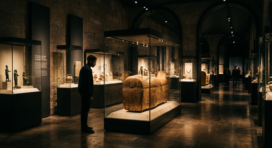 A dimly lit museum gallery with a person observing an ancient Egyptian sarcophagus displayed in a glass case, surrounded by artifacts.
