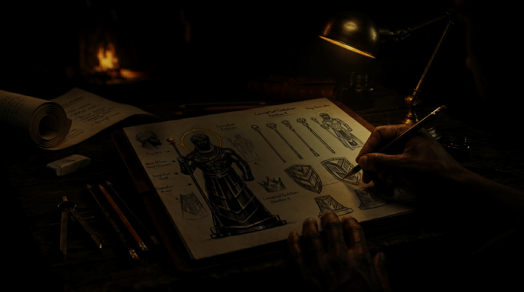 Black artist sketching Afrofuturistic king in moody studio.