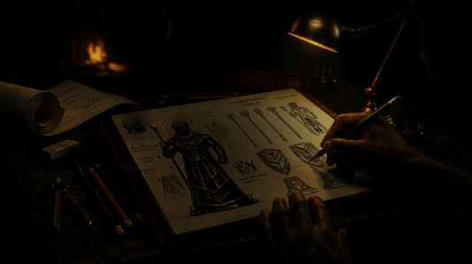 Black artist sketching Afrofuturistic king in moody studio.