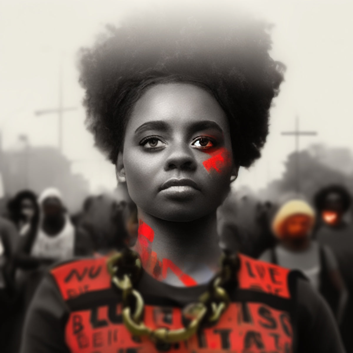 A young black woman with an afro standing in front of a group of protesters behind her in support
